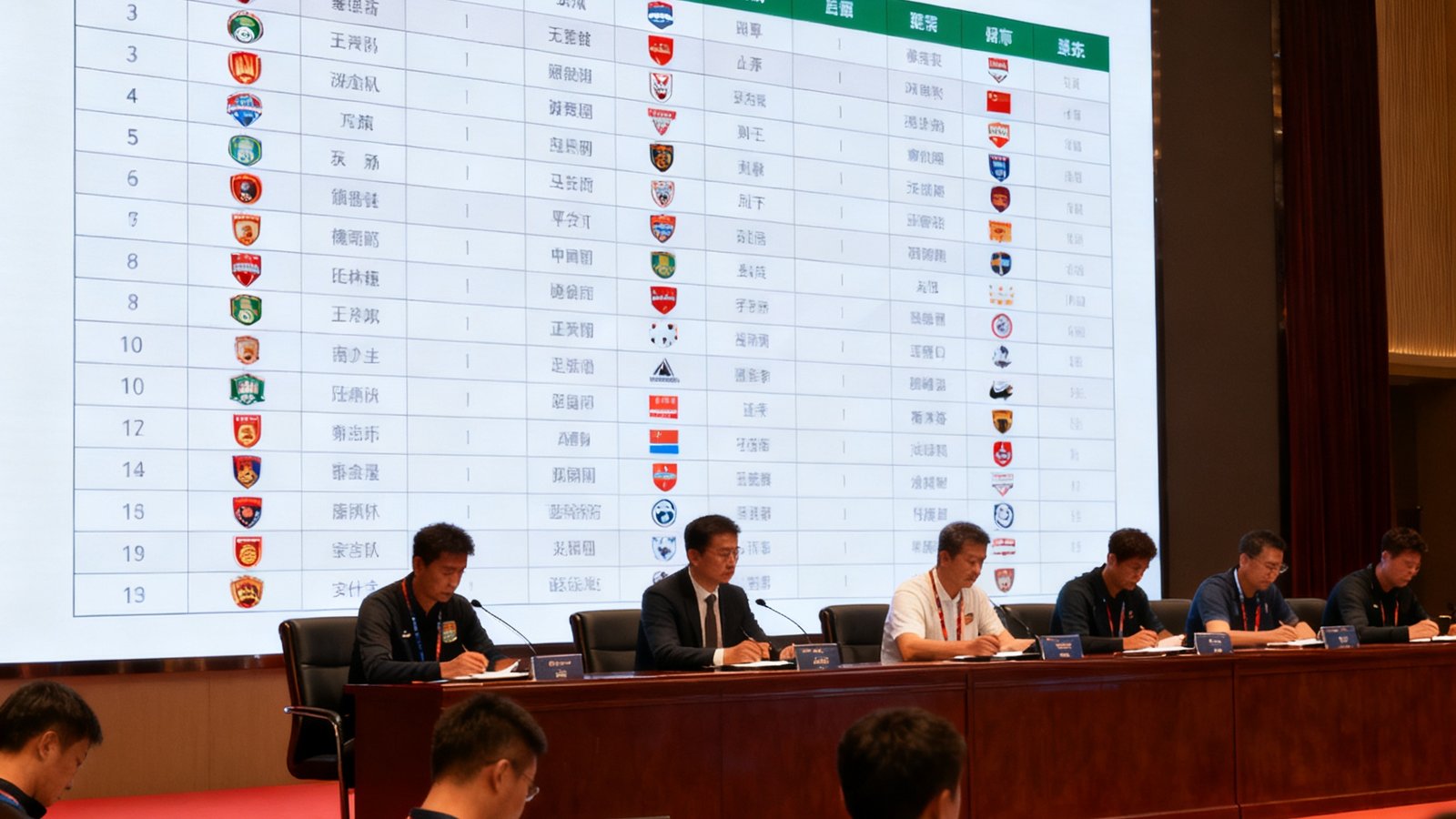 新闻配图：中超联赛官方新闻发布会现场，大屏幕上展示着新赛季完整的赛程表，各队代表坐在台下记录