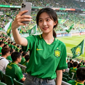 用户头像照片：一位年轻女性球迷穿着北京国安绿色球衣在工体看台上自拍，背景是绿色的球迷海洋和飘扬的旗帜
